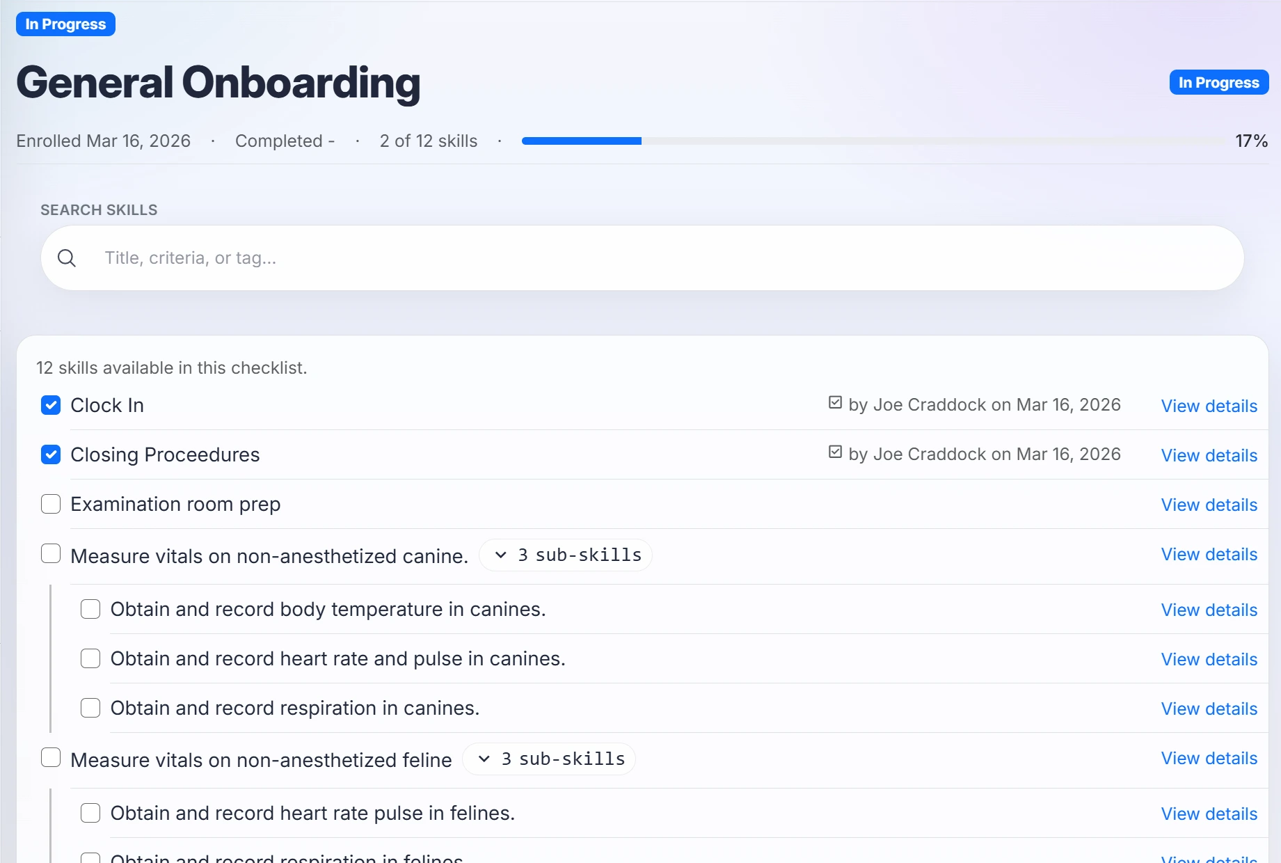 Veterinary professional reviewing certification progress and skill profile on a laptop or tablet in a clinic office
